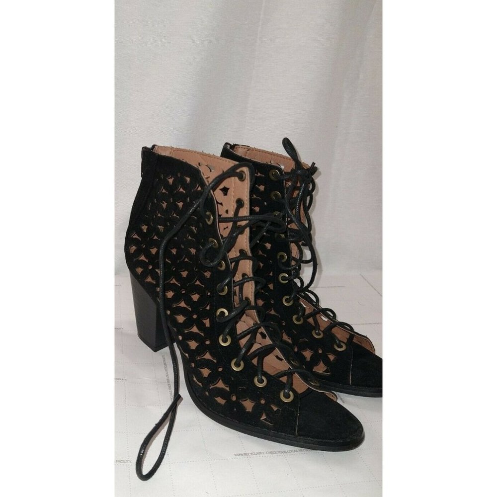 Etc Gladiator Lace Up Black Suede High Heels Size